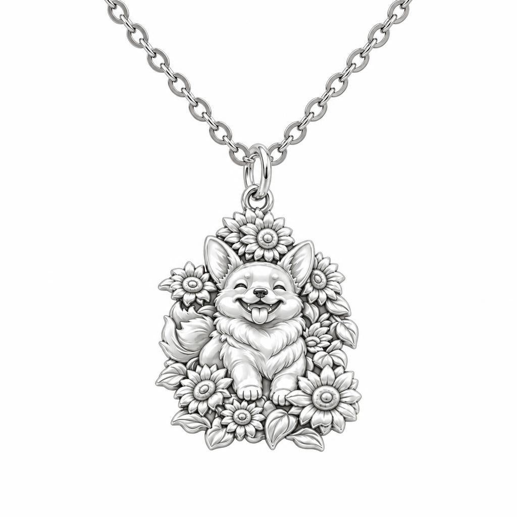 Happy Sunflower Corgi Charm Necklace Set – silver, front view