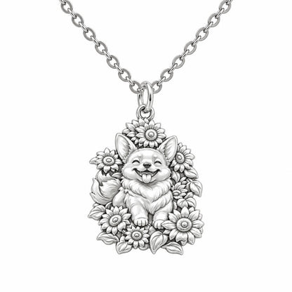 Happy Sunflower Corgi Charm Necklace Set – silver, front view