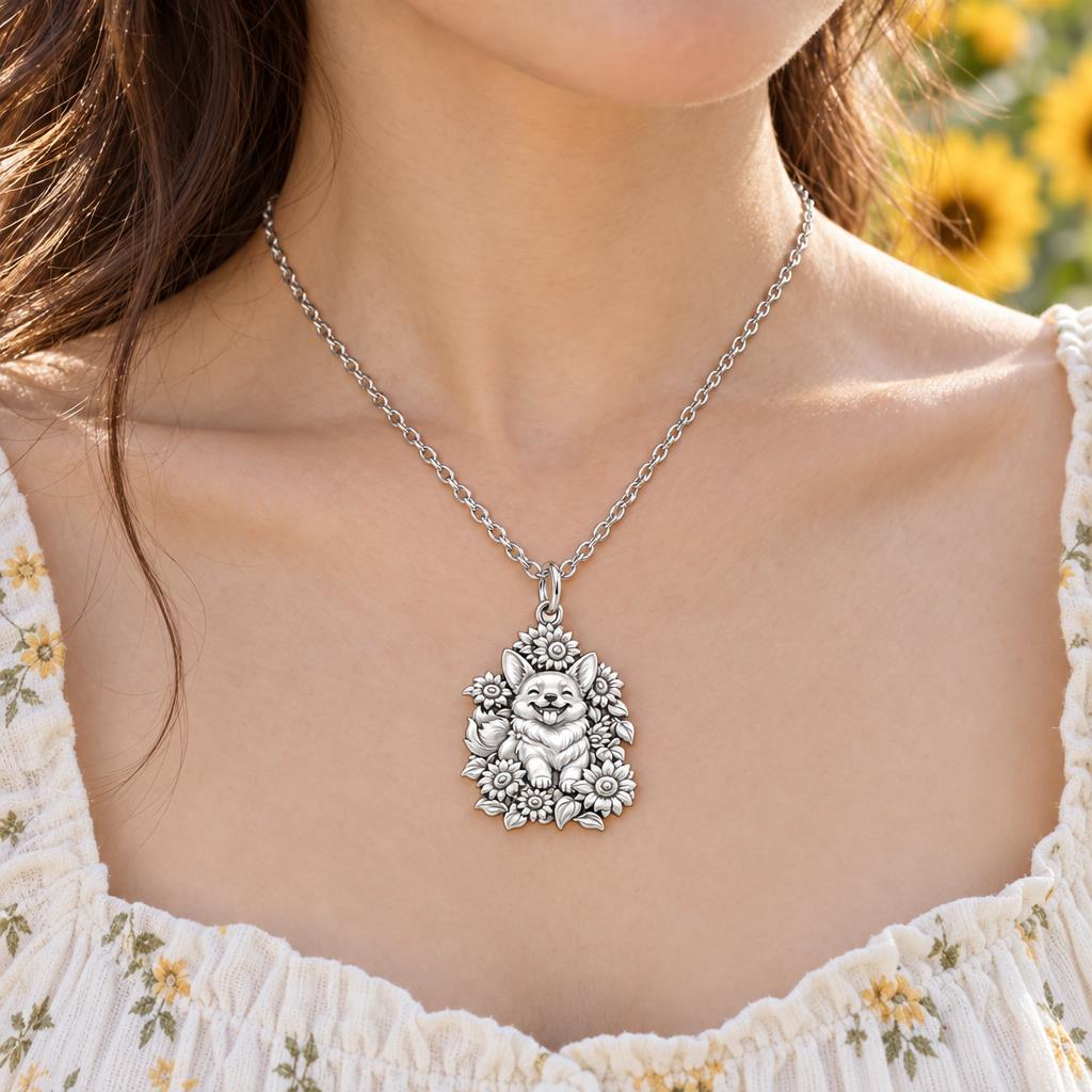 Happy Sunflower Corgi Charm Necklace Set – worn / in use