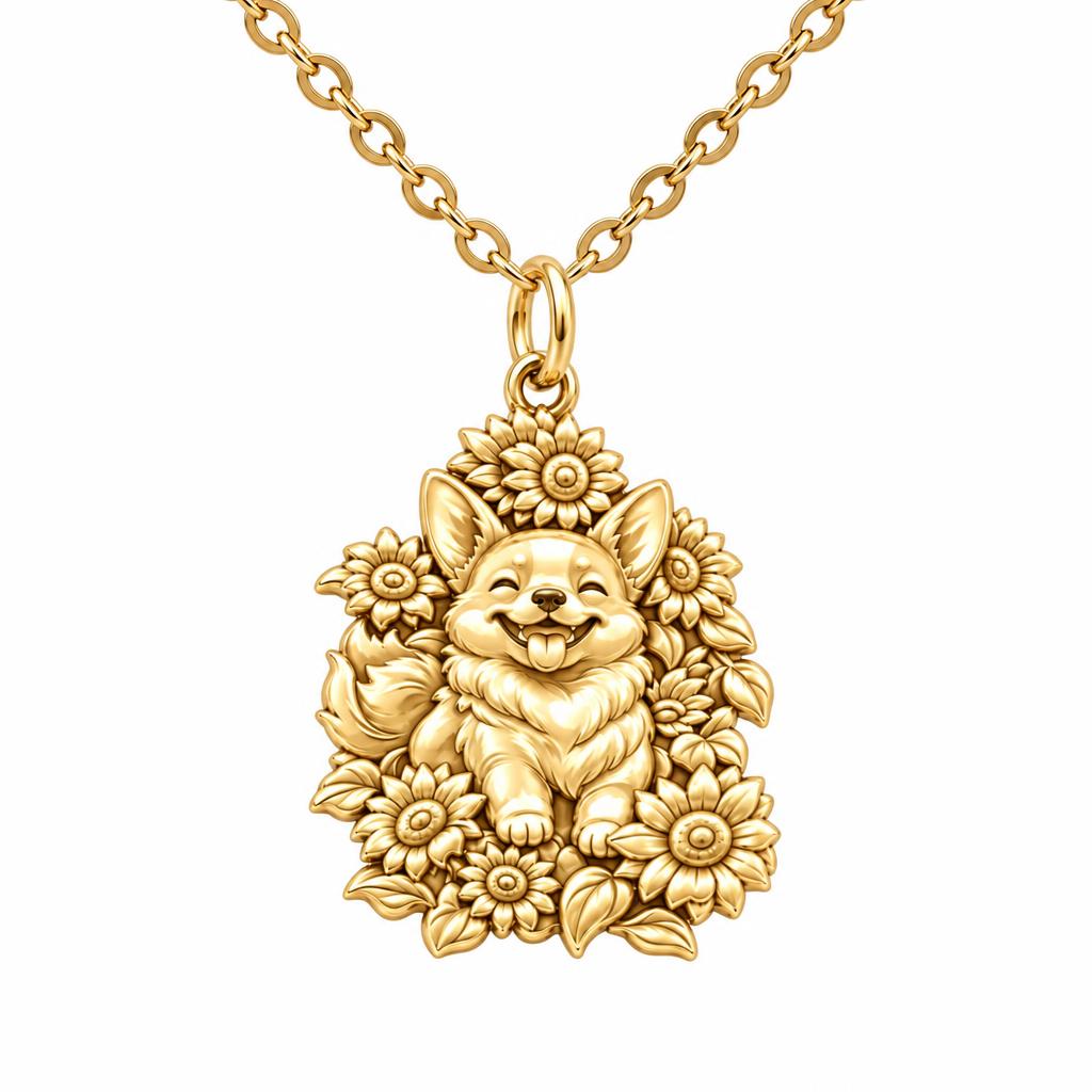 Happy Sunflower Corgi Charm Necklace Set – 18K gold, front view