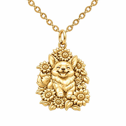Happy Sunflower Corgi Charm Necklace Set – 18K gold, front view