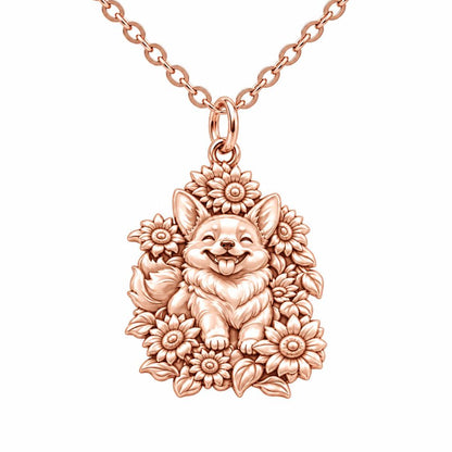 Happy Sunflower Corgi Charm Necklace Set – rose gold, front view
