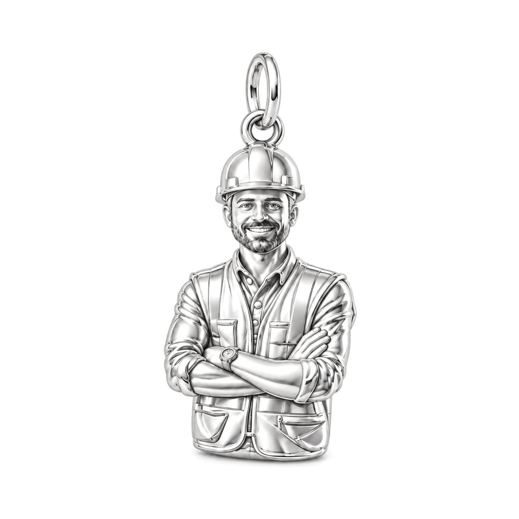 Hard Hat Hero Photo Charm Bracelet – Personalized Dad Gift – silver charm, front view