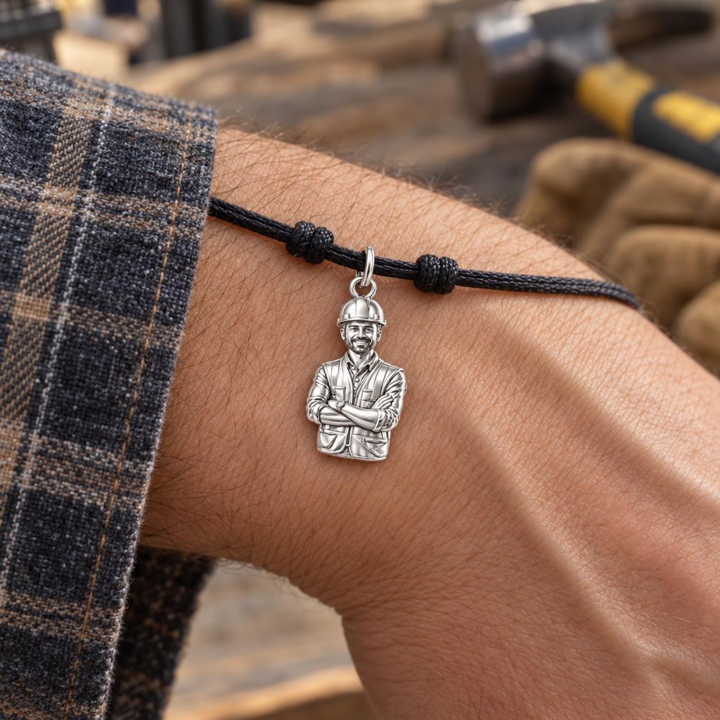 Hard Hat Hero Photo Charm Bracelet – Personalized Dad Gift – worn on the wrist on a black cord bracelet