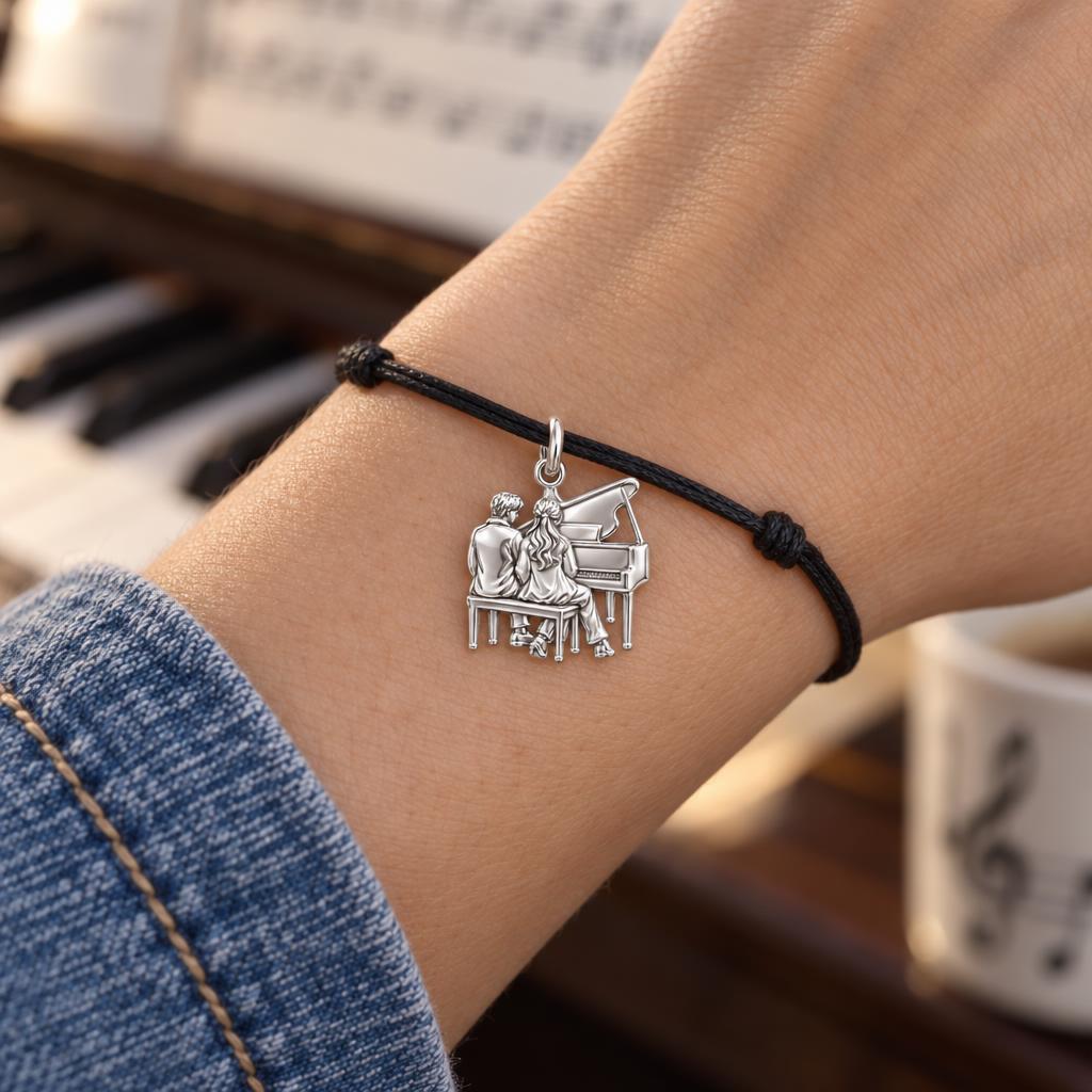 Harmonious Duet Charm Bracelet – Personalized Couple Gift – worn on the wrist on a black cord bracelet