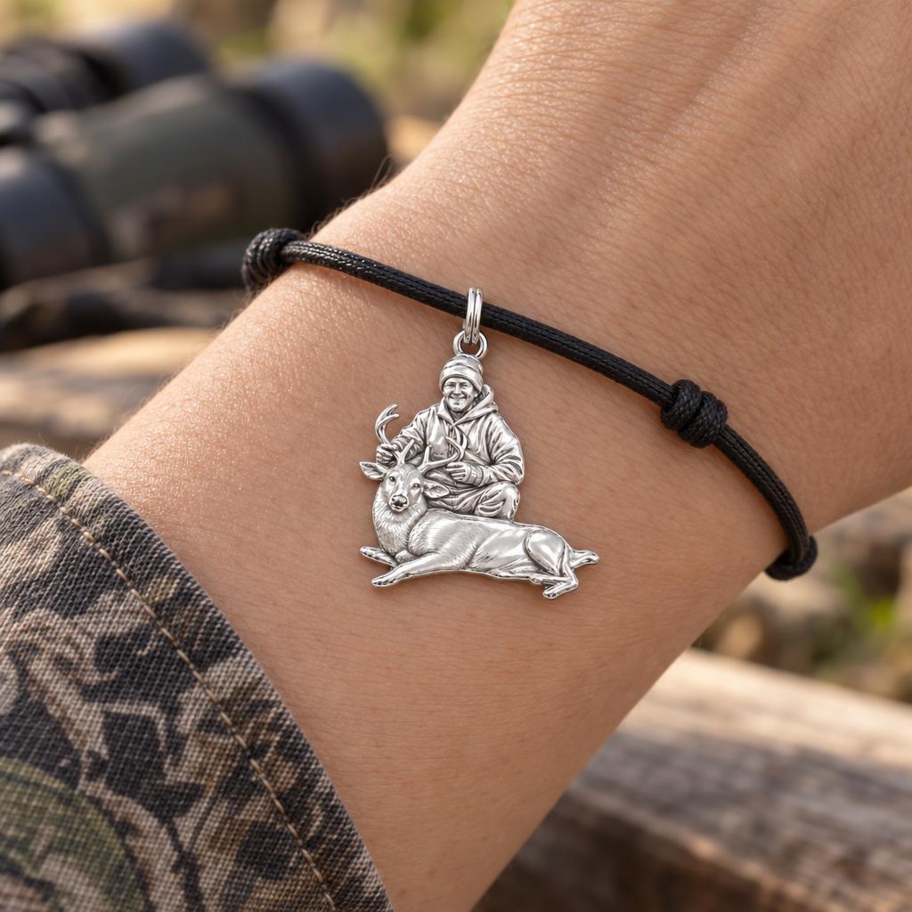 Harvest of a Lifetime Charm Bracelet – Personalized Hunter Gift – worn on the wrist on a black cord bracelet