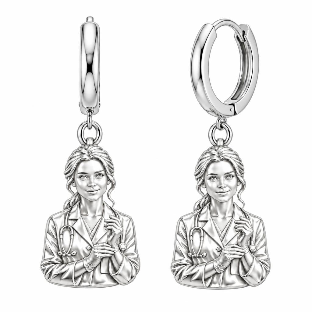Healing Hands Portrait Huggie Charm Earrings – silver, front view