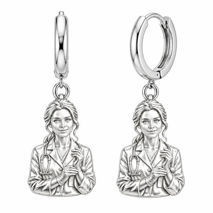 Healing Hands Portrait Huggie Charm Earrings – silver, front view