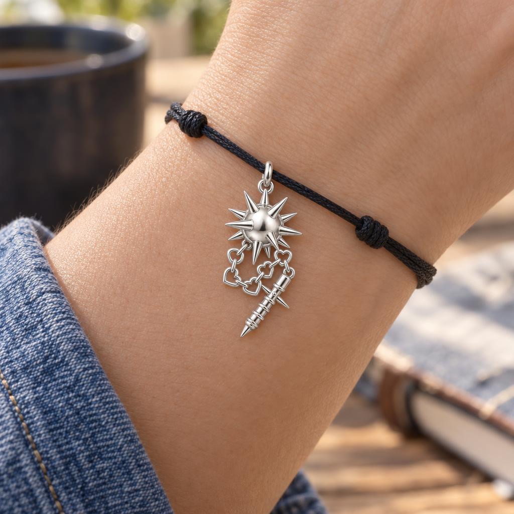 Heart Chain Morning Star Charm Bracelet – Personalized Gift – worn on the wrist on a black cord bracelet