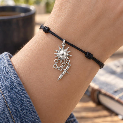 Heart Chain Morning Star Charm Bracelet – Personalized Gift – worn on the wrist on a black cord bracelet