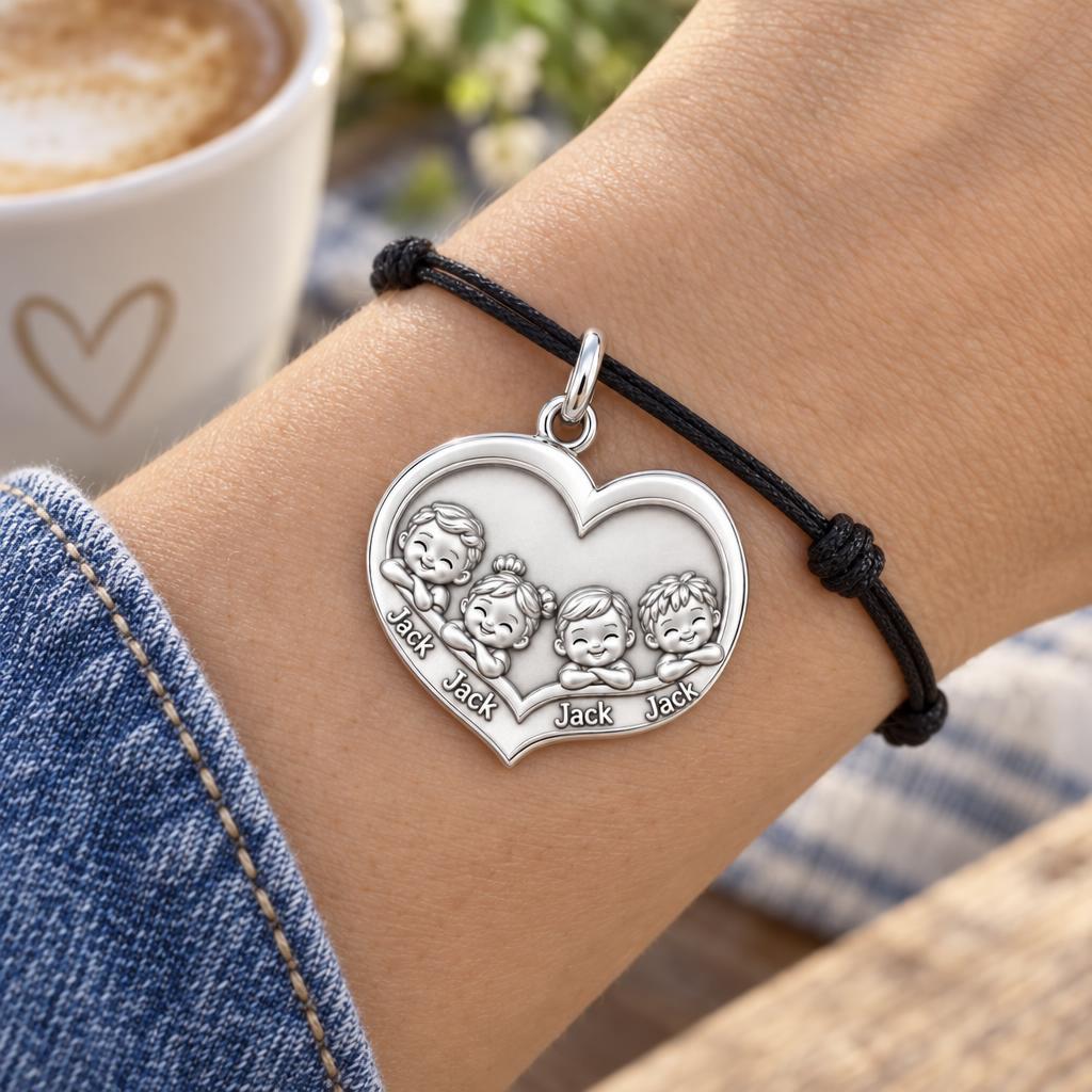 Heart Full of Littles Charm Bracelet – Personalized Mom Gift – worn on the wrist on a black cord bracelet
