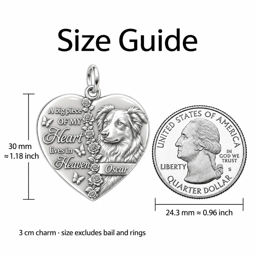 Heart in Heaven Charm Bracelet – Personalized Dog Mom Gift – size guide, 3 cm charm next to a quarter