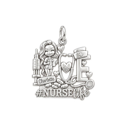 Heart of Nursing Charm Bracelet – Personalized Nurse Gift – silver plated 3 cm charm, front view