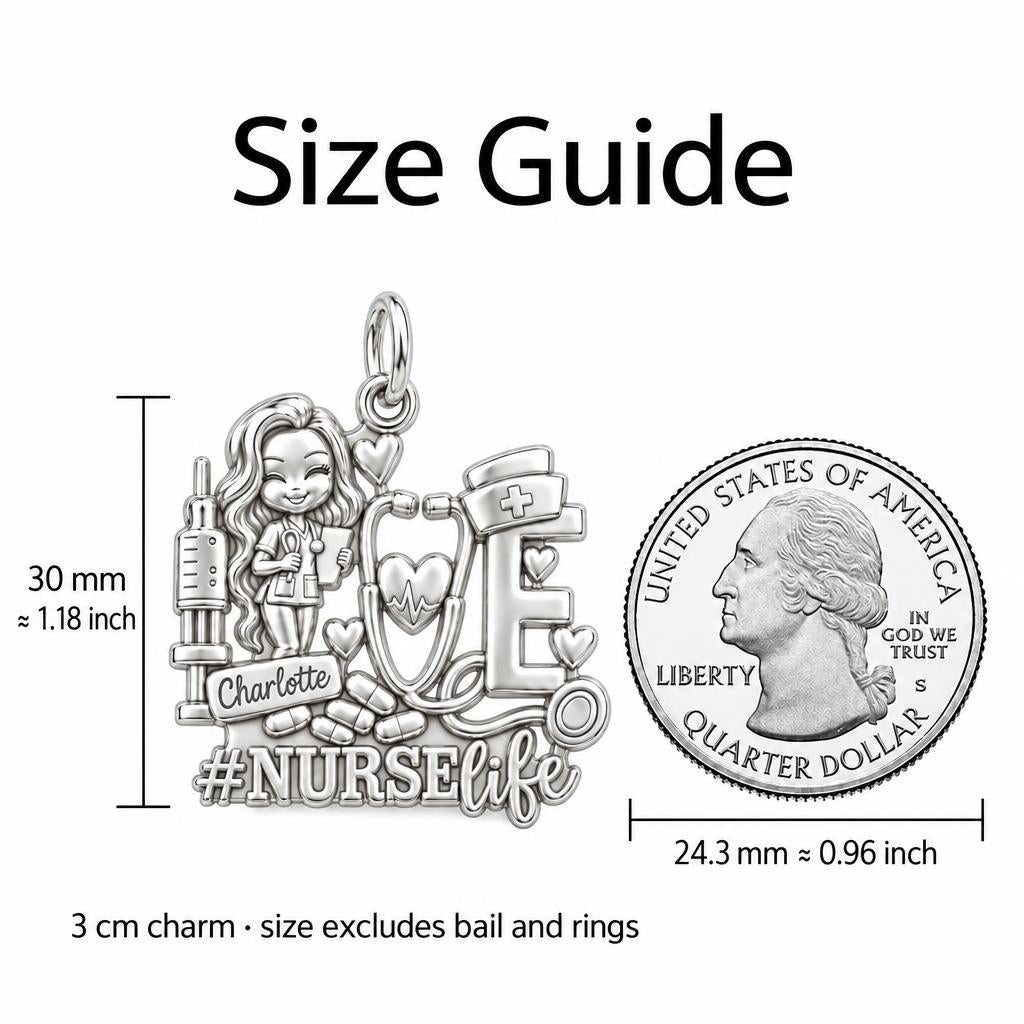 Heart of Nursing Charm Bracelet – Personalized Nurse Gift – size guide, 3 cm charm next to a quarter