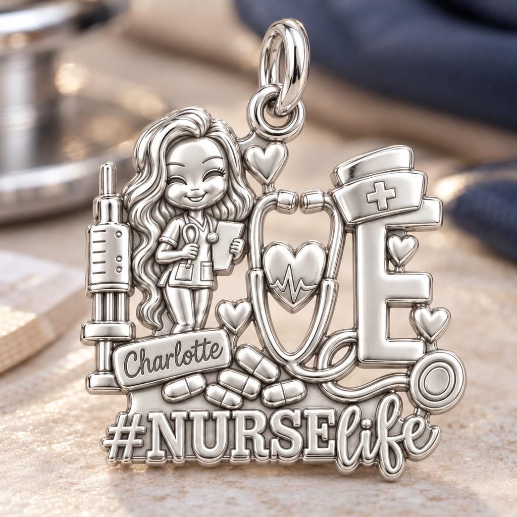 Heart of Nursing Charm Bracelet – Personalized Nurse Gift – macro detail of the charm
