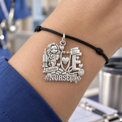 Heart of Nursing Charm Bracelet – Personalized Nurse Gift – worn on the wrist on a black cord bracelet