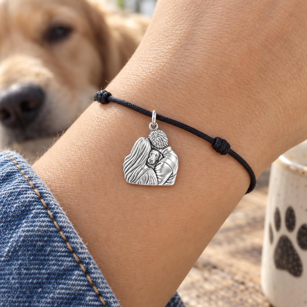 Heart of the Family Charm Bracelet – Personalized Couple Gift – worn on the wrist on a black cord bracelet