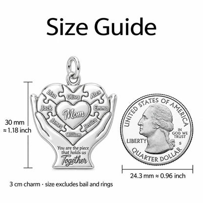 Heart Puzzle Piece Charm Bracelet – Personalized Mom Gift – size guide, 3 cm charm next to a quarter