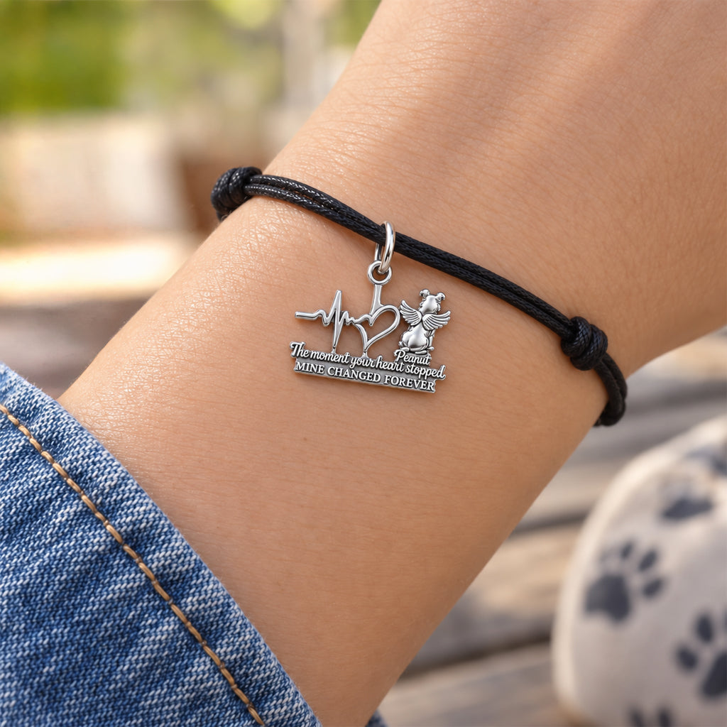 Heartbeat Angel Pet Charm Bracelet – Personalized Dog Mom Gift – worn on the wrist on a black cord bracelet