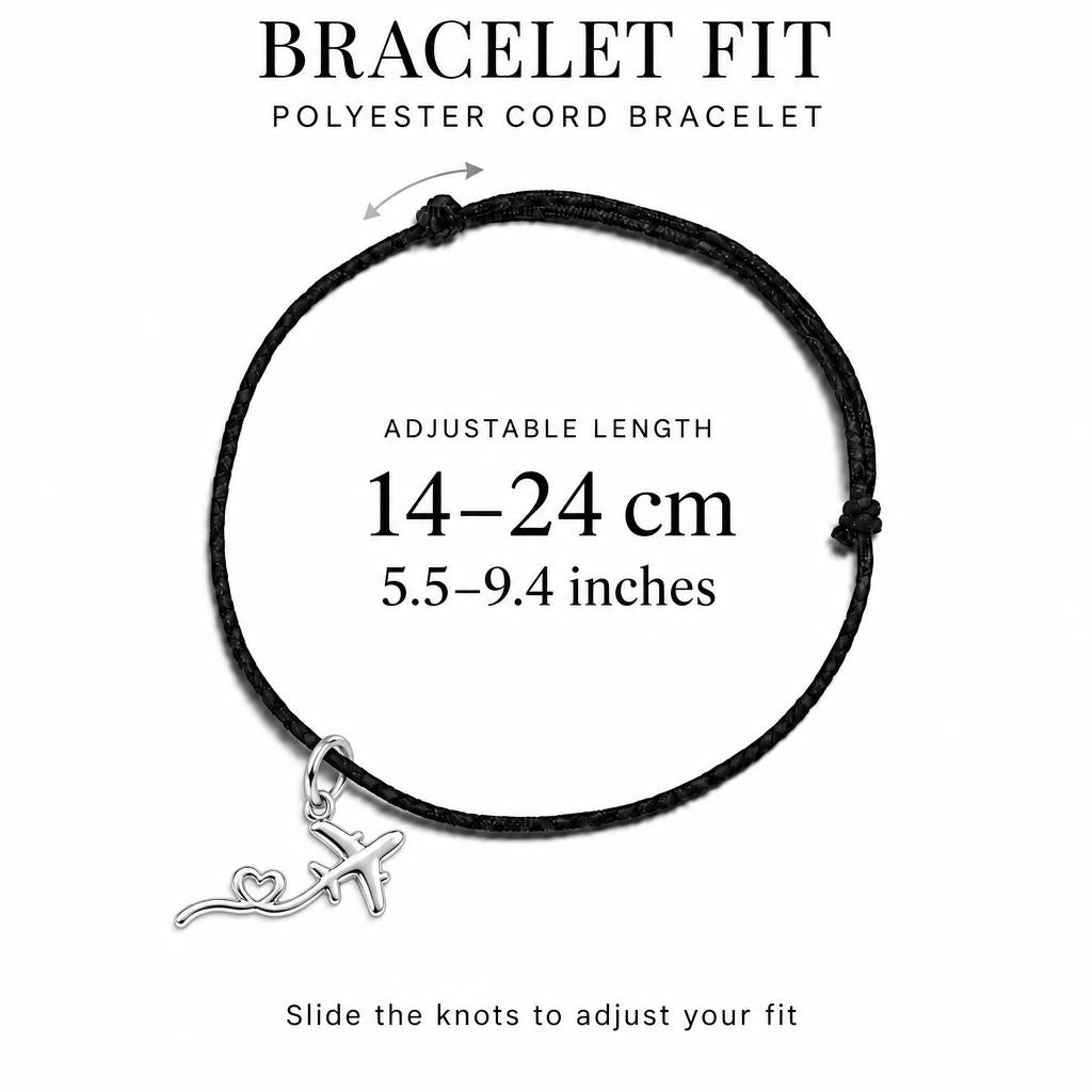 Heartfelt Flight Path Charm Bracelet – Personalized Traveler Gift – adjustable black cord bracelet, 14–24 cm