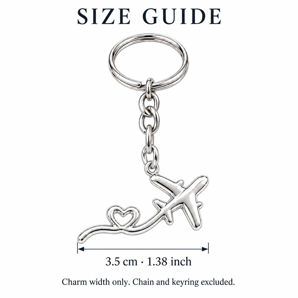 Heartfelt Flight Path Charm Keychain – size guide, 3.5 cm (1.38 in) charm, chain and keyring excluded
