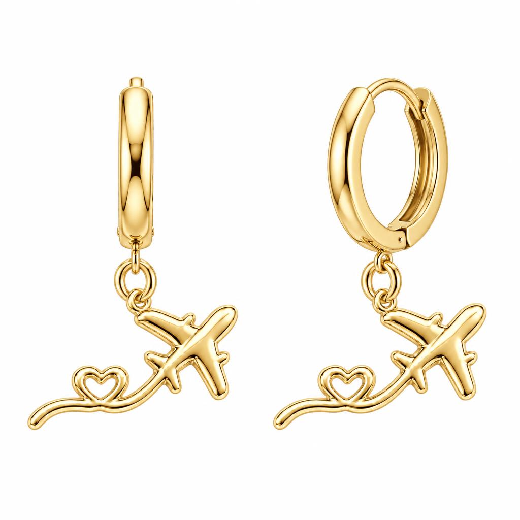 Heartfelt Flight Path Huggie Charm Earrings – 18K gold, front view