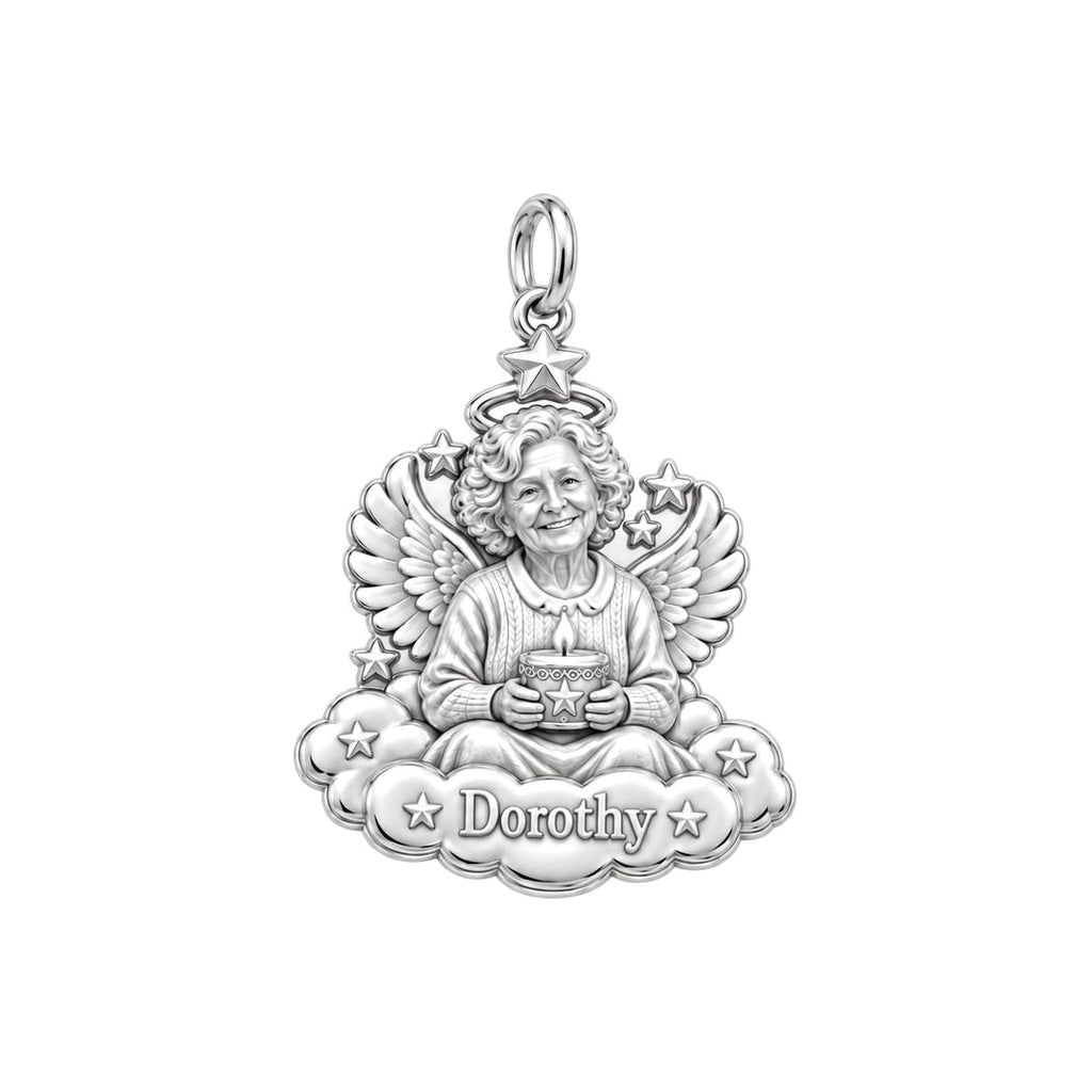 Heavenly Angel Portrait Charm Bracelet – Personalized Memorial Gift – silver plated 2 cm charm, front view