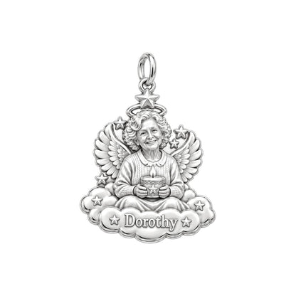 Heavenly Angel Portrait Charm Bracelet – Personalized Memorial Gift – silver plated 2 cm charm, front view