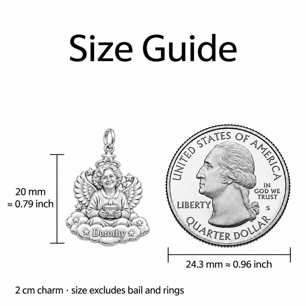 Heavenly Angel Portrait Charm Bracelet – Personalized Memorial Gift – size guide, 2 cm charm next to a quarter
