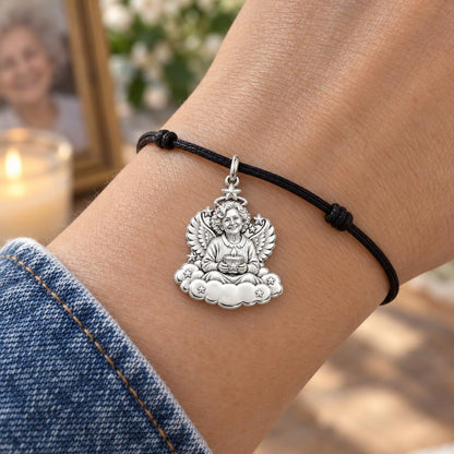 Heavenly Angel Portrait Charm Bracelet – Personalized Memorial Gift – worn on the wrist on a black cord bracelet