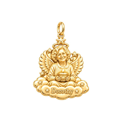 Heavenly Angel Portrait Charm Bracelet – Personalized Memorial Gift – 18K gold plated 2 cm charm, front view