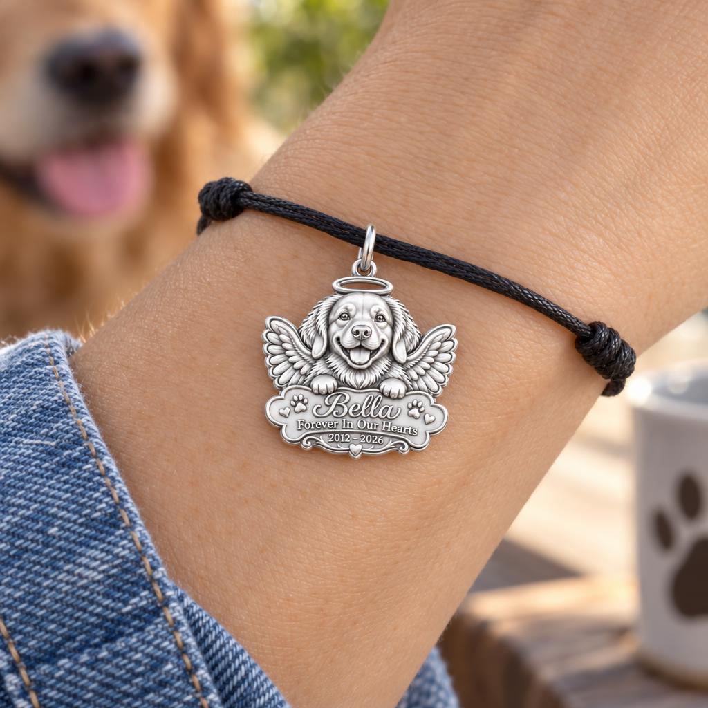 Heavenly Angel Pup Charm Bracelet – Personalized Dog Mom Gift – worn on the wrist on a black cord bracelet