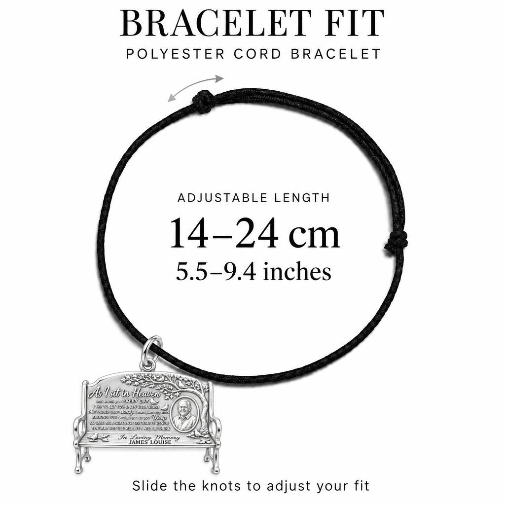 Heavenly Bench Memorial Charm Bracelet – Personalized Memorial Gift – adjustable black cord bracelet, 14–24 cm