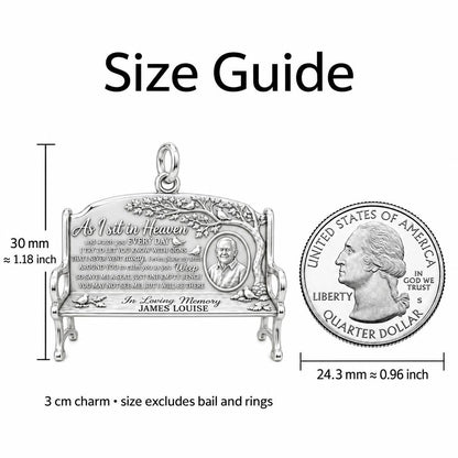 Heavenly Bench Memorial Charm Bracelet – Personalized Memorial Gift – size guide, 3 cm charm next to a quarter
