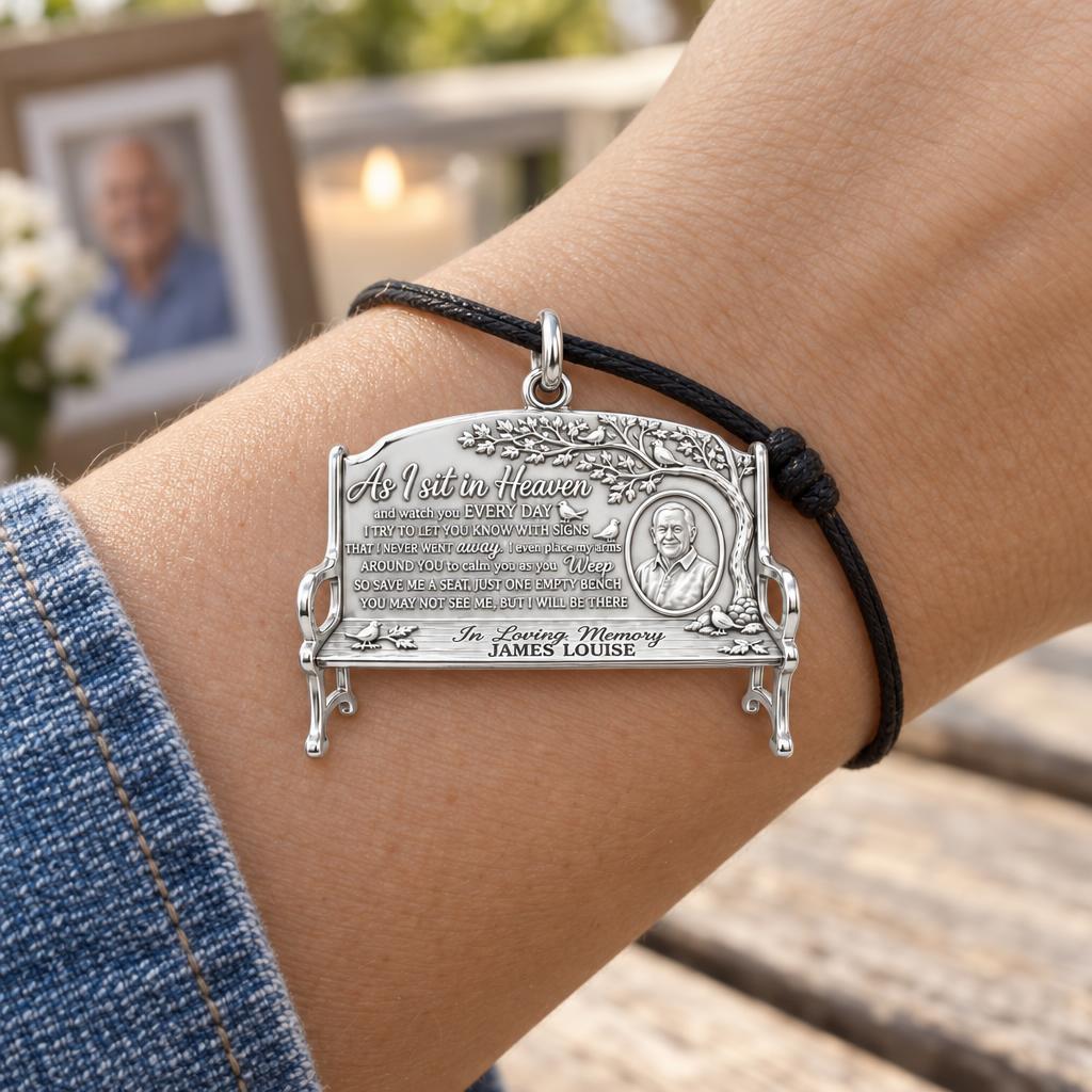 Heavenly Bench Memorial Charm Bracelet – Personalized Memorial Gift – worn on the wrist on a black cord bracelet