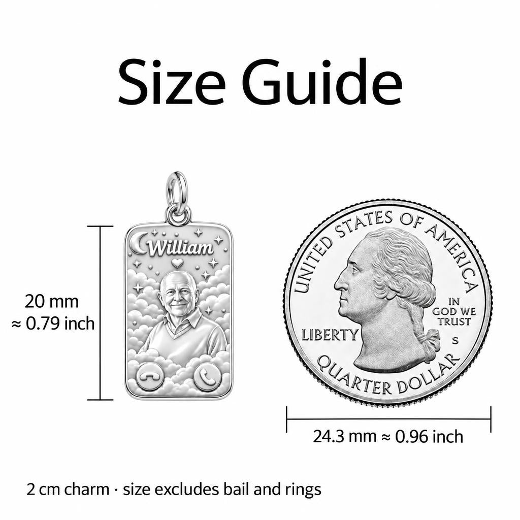 Heavenly Call Portrait Charm Bracelet – Personalized Memorial Gift – size guide, 2 cm charm next to a quarter