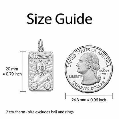 Heavenly Call Portrait Charm Bracelet – Personalized Memorial Gift – size guide, 2 cm charm next to a quarter