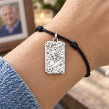 Heavenly Call Portrait Charm Bracelet – Personalized Memorial Gift – worn on the wrist on a black cord bracelet