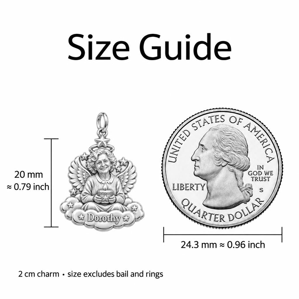 Heavenly Guardian Angel Charm Bracelet – Personalized Memorial Gift – size guide, 2 cm charm next to a quarter