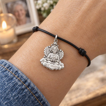 Heavenly Guardian Angel Charm Bracelet – Personalized Memorial Gift – worn on the wrist on a black cord bracelet