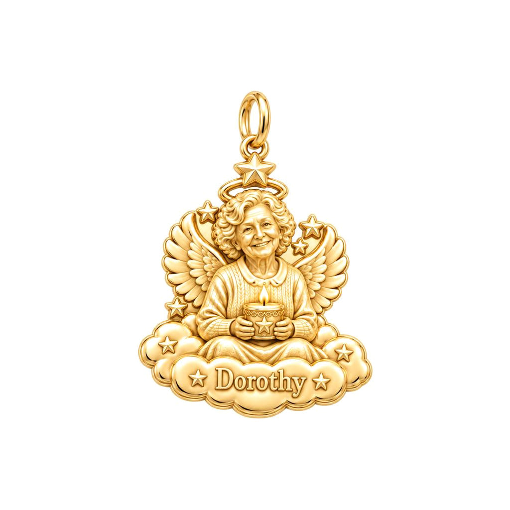 Heavenly Guardian Angel Charm Bracelet – Personalized Memorial Gift – 18K gold plated 2 cm charm, front view