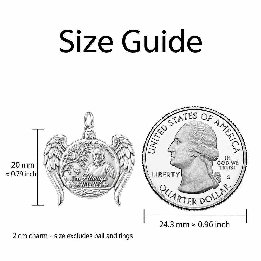 Heavenly Guardian Wings Charm Bracelet – Personalized Memorial Gift – size guide, 2 cm charm next to a quarter