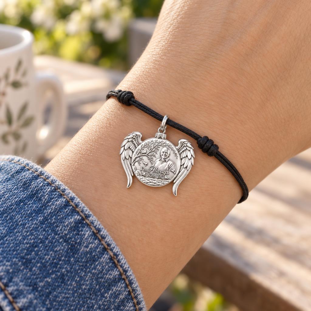 Heavenly Guardian Wings Charm Bracelet – Personalized Memorial Gift – worn on the wrist on a black cord bracelet