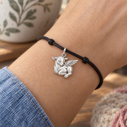 Heavenly Little Lamb Charm Bracelet – Personalized Mom Gift – worn on the wrist on a black cord bracelet