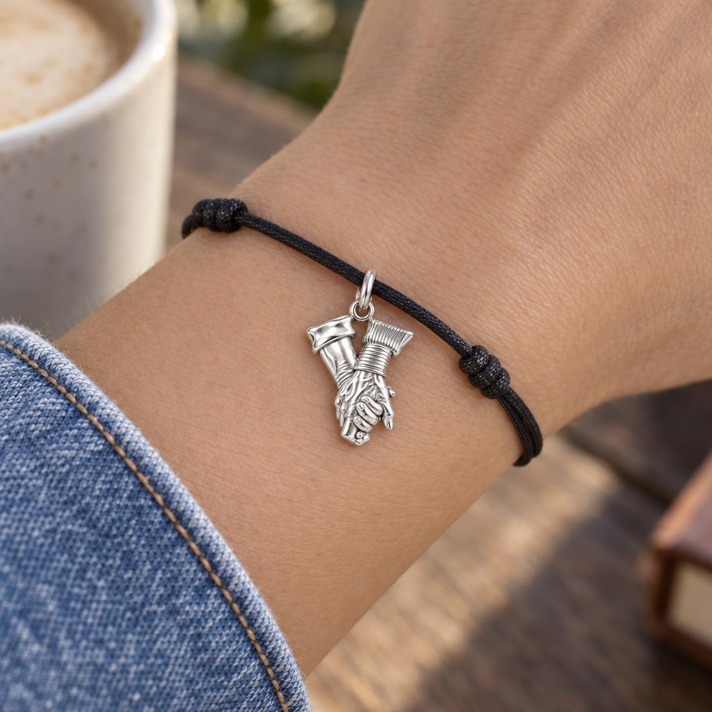 Held Together Charm Bracelet – Personalized Couple Gift – worn on the wrist on a black cord bracelet