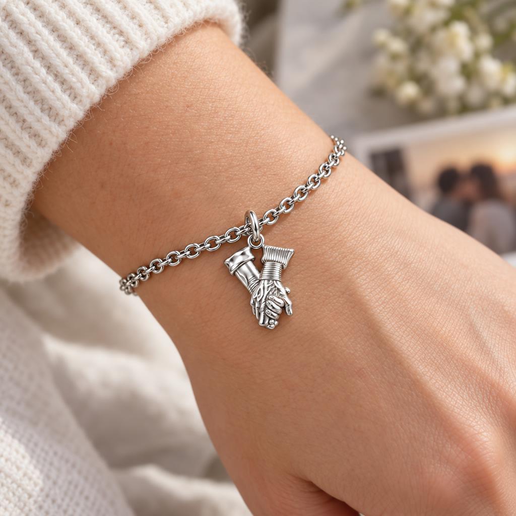 Held Together Custom Hand Charm Bracelet Set – worn / in use