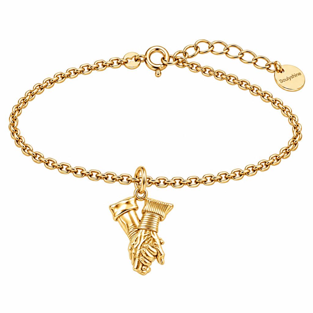 Held Together Custom Hand Charm Bracelet Set – 18K gold, front view