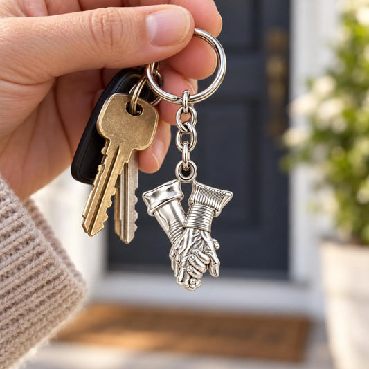 Held Together Custom Hand Charm Keychain – worn / in use