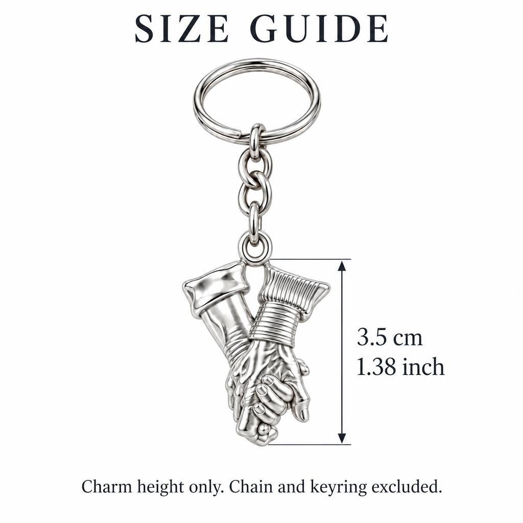Held Together Custom Hand Charm Keychain – size guide, 3.5 cm (1.38 in) charm, chain and keyring excluded