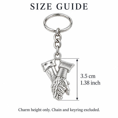 Held Together Custom Hand Charm Keychain – size guide, 3.5 cm (1.38 in) charm, chain and keyring excluded